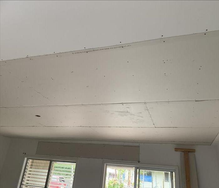 New drywall up, screws visible on ceiling