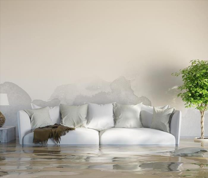 A photo of a clean, white room with a white couch that is flooded. The water is visibly rising into the sheetrock 